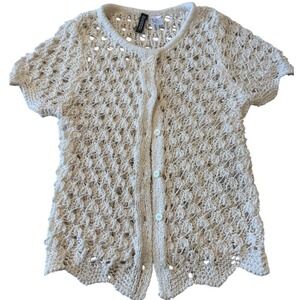 H&M Divided Cream Crochet Short Sleeve Cardigan Button Front Scallop Hem XXS